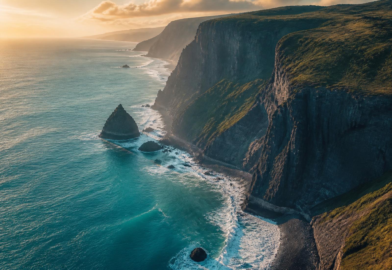 Falaises surplombant un océan turquoise au coucher du soleil